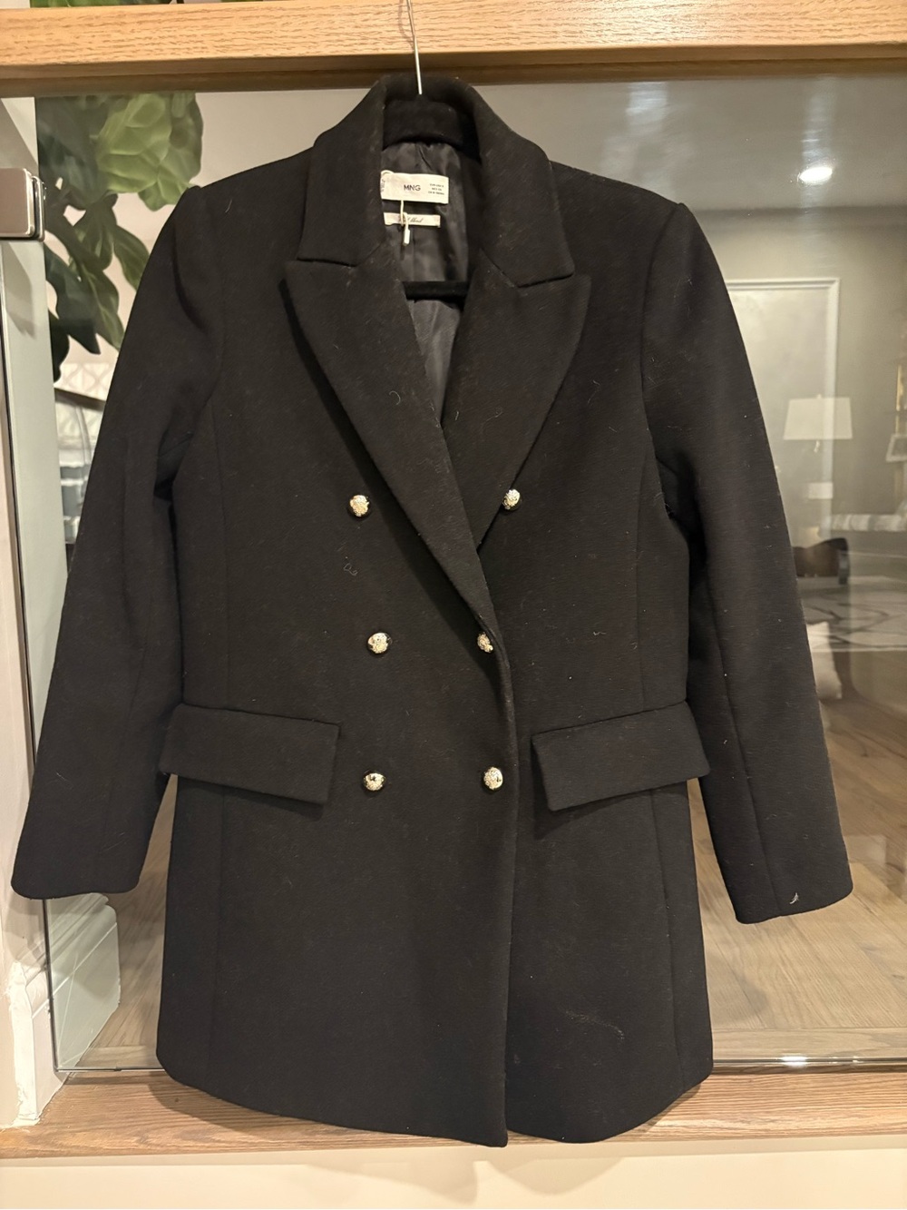 Mango Double-Breasted Black Wool Blend Coat Knee Length S